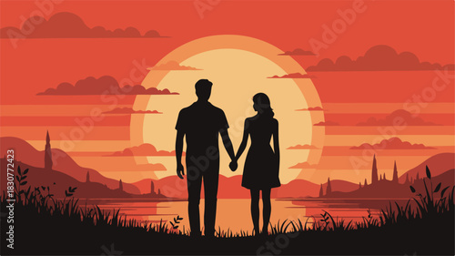 Silhouette Couple Holding Hands at Sunset Over Water and Mountains