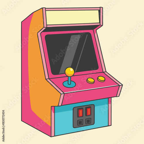 Colorful retro arcade game machine with joystick and buttons, vector illustration on a light background.