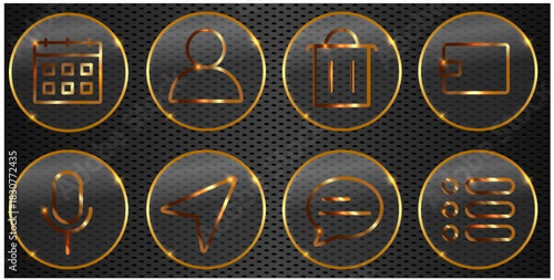 Basic Glass UI Icon Set in Gold Gradient on Dark Background — Modern Premium Interface Elements, gold symbol, PNG format