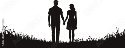 Silhouette Couple Holding Hands Walking on Grassy Ground