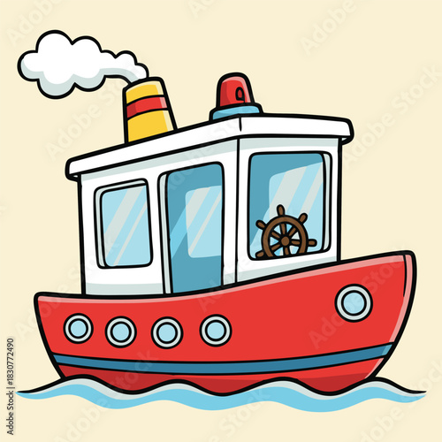 A cute cartoon red tugboat with a smokestack and steering wheel on blue water.