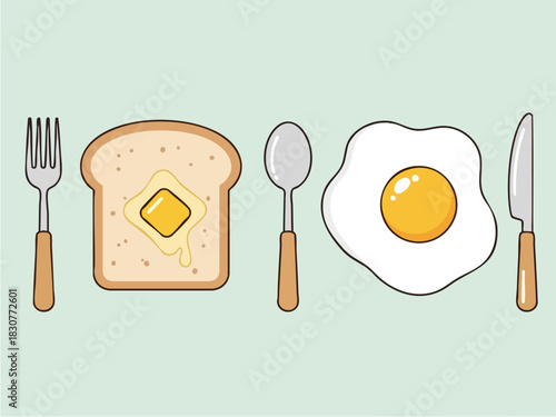 Breakfast Still Life - Toast with Butter, Fried Egg, and Utensils.