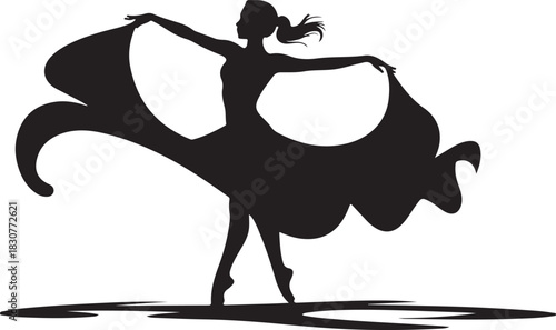 Silhouette of a ballerina in a wide skirt performing a pose