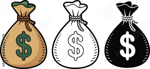 Money bag icon silhouette & Outline and illustration set isolated on transparent background