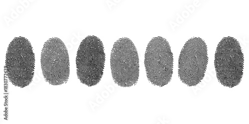 Seven unique black human fingerprints showcasing intricate patterns, symbolizing individual identity, biometric security, personal verification. Vector, illustration