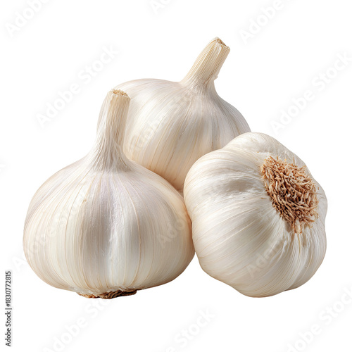 Three white garlic bulbs clustered