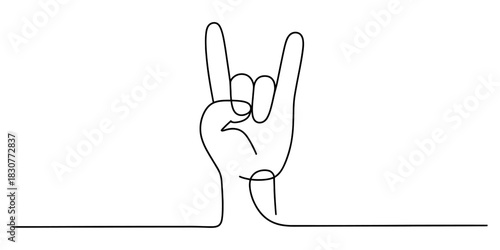 Rock and roll hand gesture continuous line art drawing with a single flowing black line forming the iconic symbol of music and rebellion Vector, illustration