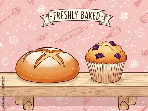 Freshly Baked Bread and Blueberry Muffin on Wooden Shelf.