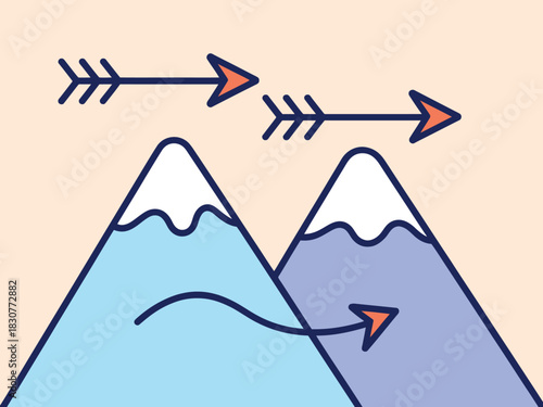 Arrows indicating direction or competition above stylized mountains with snow-capped peaks.