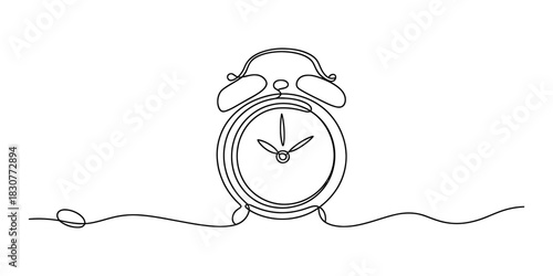 Minimalist one continuous line art drawing of an alarm clock, symbolizing time management, punctuality, wake-up, deadline, and urgency concept Vector, illustration