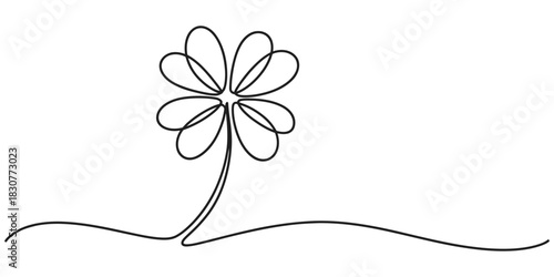 Continuous line art drawing of a blooming flower with multiple petals and a flowing stem, a minimalist illustration on a pristine white background. Vector, illustration
