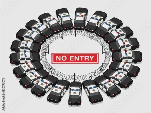 Police Cars Forming a Circle with No Entry Sign.