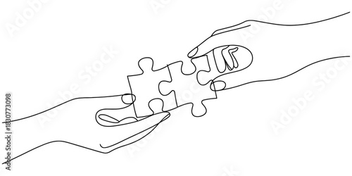Continuous one line art drawing of two hands connecting three jigsaw puzzle pieces, symbolizing successful teamwork, collaboration and problem-solving Vector, illustration