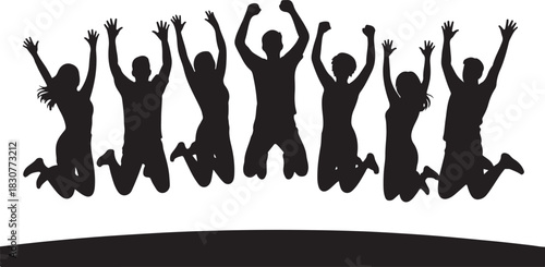 Silhouette of a group of people jumping in celebration