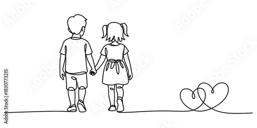 One line drawing: young boy and girl holding hands, walking away, symbolizing innocent love, friendship, and togetherness with intertwined hearts Vector, illustration