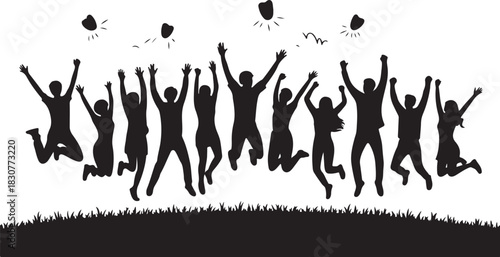 Silhouette of a group of people jumping with grass