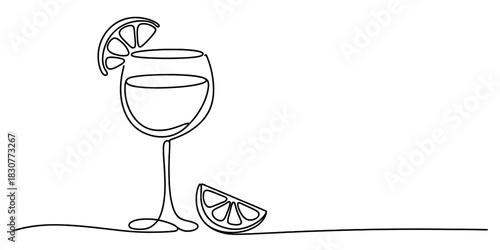 Continuous line art drawing of a minimalist wine glass with a refreshing lemon slice garnish, elegant drink illustration, modern beverage concept Vector, illustration