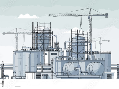 Industrial Plant Construction Site with Cranes and Scaffolding.