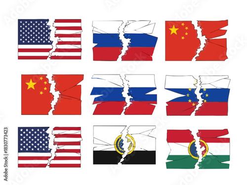 Flags of Nations Torn Apart - USA, Russia, China, Egypt, Hungary.