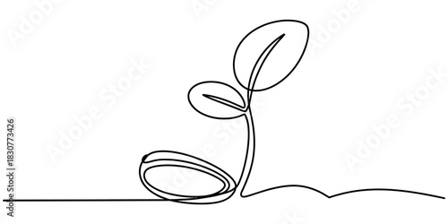 Continuous line drawing of a plant sprout emerging from a seed, symbolizing new life, growth, and natural development on a clean white background. Vector, illustration