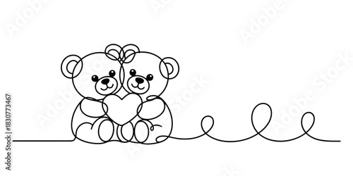 Continuous line art illustration of two adorable teddy bears hugging and holding a heart, symbolizing love, friendship, and affection Vector, illustration