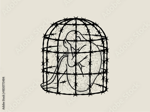 Person Trapped in Barbed Wire Cage - A Symbol of Mental Confinement.