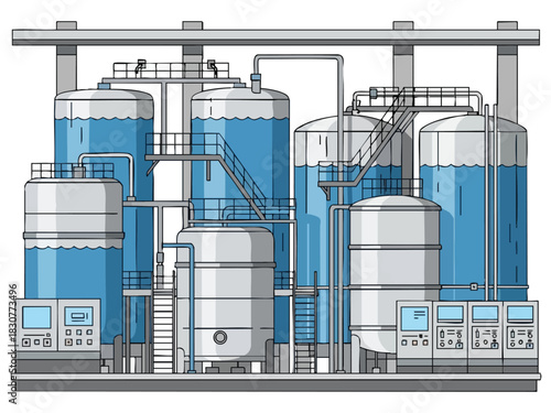 Industrial Water Treatment Plant with Tanks and Control Panels.