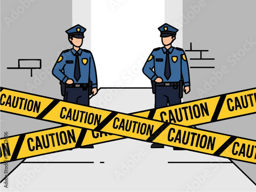 Police Officers Guarding Crime Scene with Caution Tape.