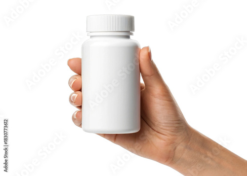 hand holding blank white plastic pill bottle isolated on a transparent background.