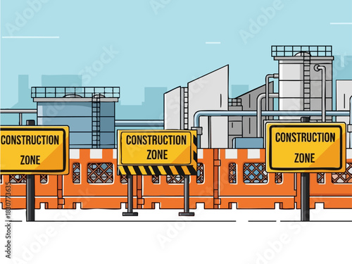 Construction Zone Illustration - Industrial Site with Safety Barriers and Signage.