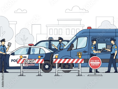 Police Blockade with Officers and Vehicles Enforcing Security.