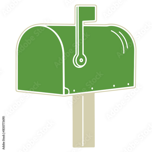 Olive Green Mailbox Illustration with Flag and Post for Residential Mail Delivery Concept