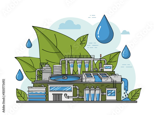 Eco-Friendly Water Treatment Plant with Green Leaves and Water Drops.