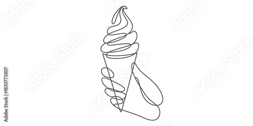 Continuous line art drawing of a human hand holding a delicious soft-serve ice cream cone, a sweet summer dessert or treat. Vector, illustration
