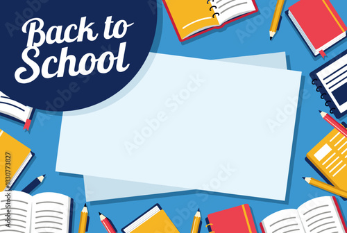Bright back to school background showing open books and pencils on blue backdrop. Perfect for education promotion or learning poster design.  

