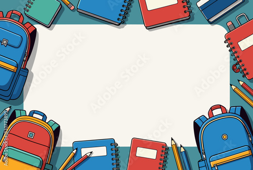 Colorful frame background filled with backpacks, notebooks, and pencils surrounding white space. Ideal for school or learning designs.  
