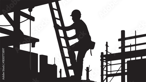 Silhouette of construction worker climbing ladder on scaffolding