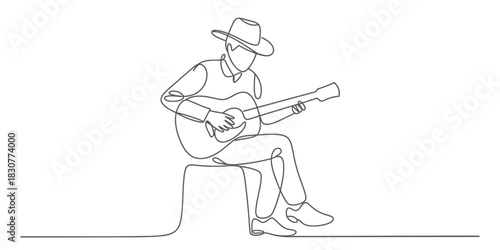 Continuous one line drawing of a musician playing acoustic guitar wearing a hat, sitting and performing, isolated on a clean white background. Vector, illustration