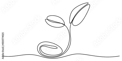 Continuous one line drawing of a small plant seedling sprouting from the ground, symbolizing new life, growth, nature, and organic development. Vector, illustration