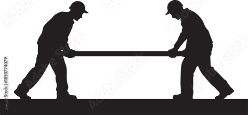 Two construction workers silhouette carrying long pipe on white background