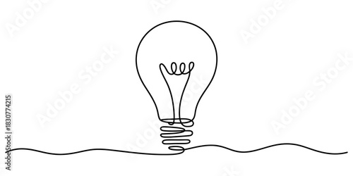 Continuous line drawing of a lightbulb symbolizing an idea, innovation, and creative thinking, rendered in a simple, minimalist art style Vector, illustration