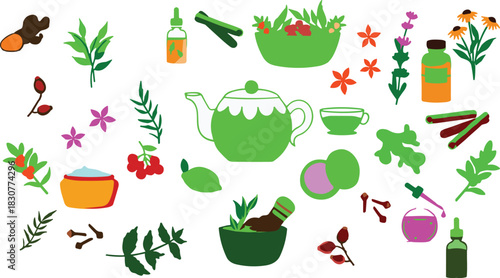 Herbal medicine illustration with teapot, herbs, tinctures, mortar and pestle, natural healing concept, organic wellness design, botanical remedy vector, colorful health artwork
