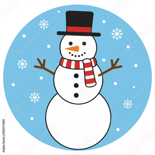 Illustration of a happy snowman with stick arms and a carrot nose