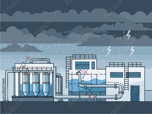 Water Treatment Plant Under Stormy Weather Illustration.