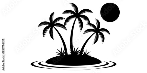 Tropical island paradise silhouette with three palm trees and sun illustration, representing summer vacation and exotic travel concept. Vector, illustration