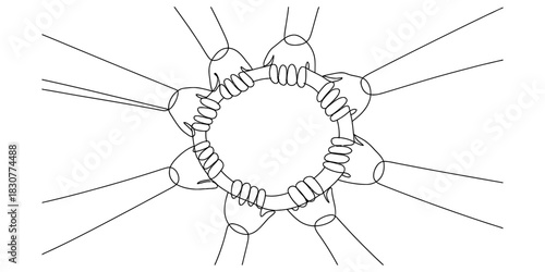 Continuous line art drawing of diverse human hands forming a united circle, symbolizing global teamwork, strong unity, and collective collaboration. Vector, illustration