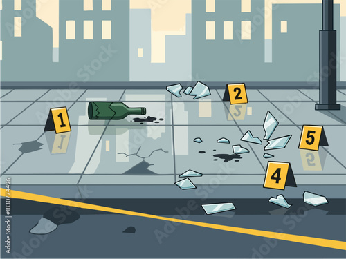 Crime Scene Investigation - Broken Bottle and Evidence Markers on Sidewalk.