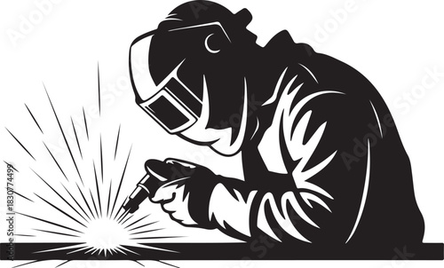 Welder working with sparks on white background welding