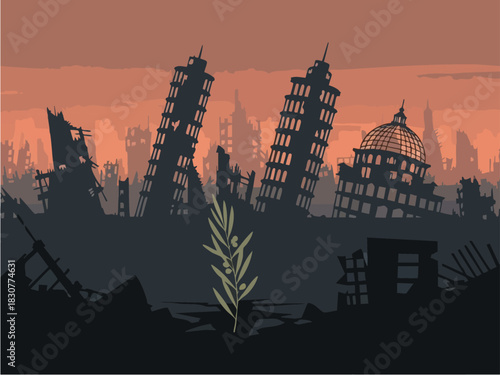 Resilience - A Sprout Amidst the Ruins of a Destroyed City.