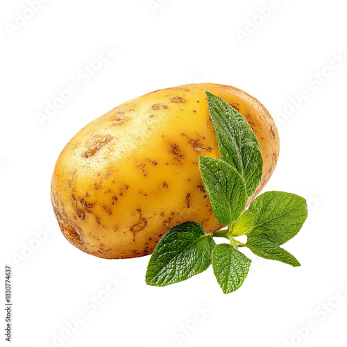 Yellow potato with fresh leaves